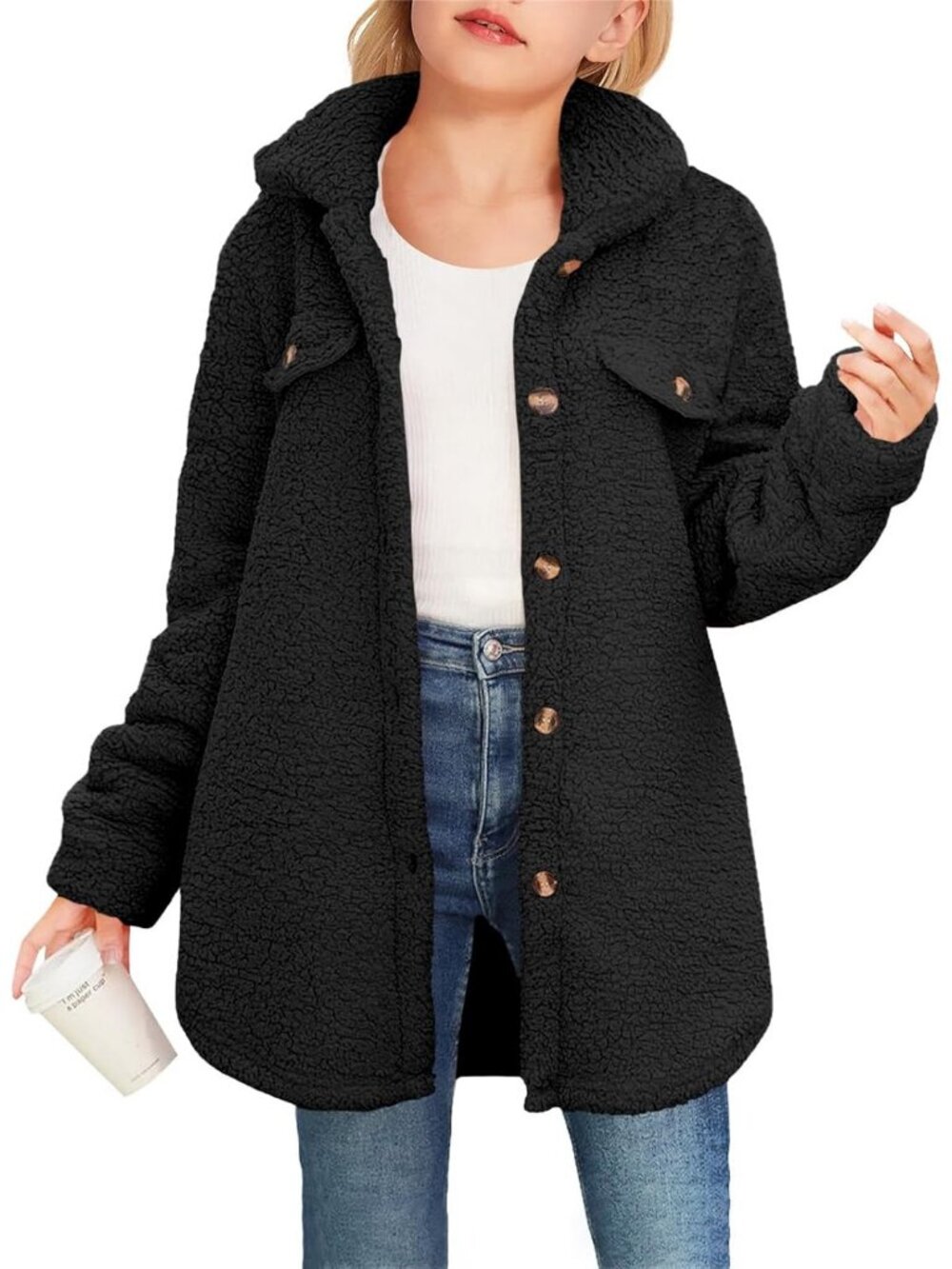 Kids Girl's Black Polyester Casual Button Down Sherpa Faux Fur Fleece Jacket